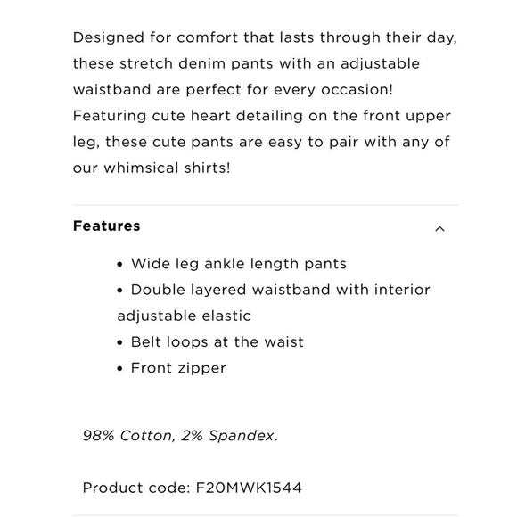 Hatley Girls Stretch Denim Wide Leg Pants Heart Pockets Girls Size 3 $50 - Picture 11 of 14